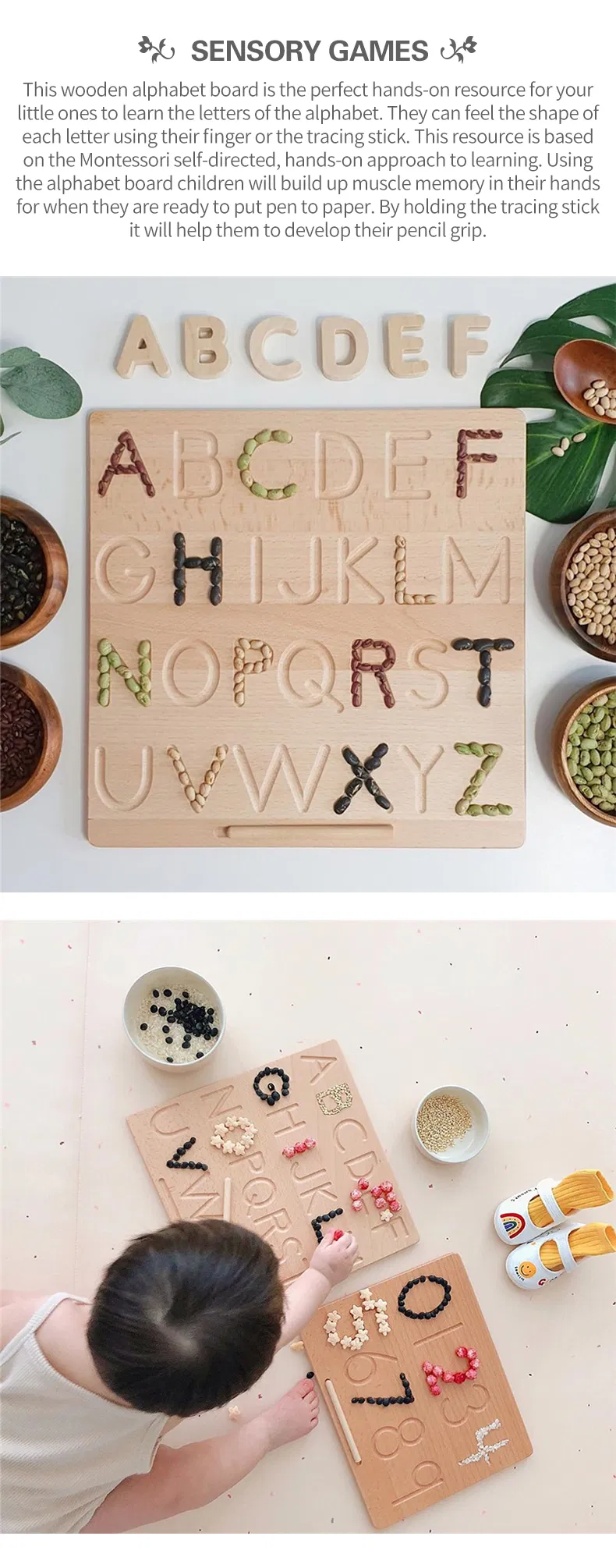 Alphabet Tracing Board Kindergarten Montessori Wooden Learn Writing Board with Stylus Pen