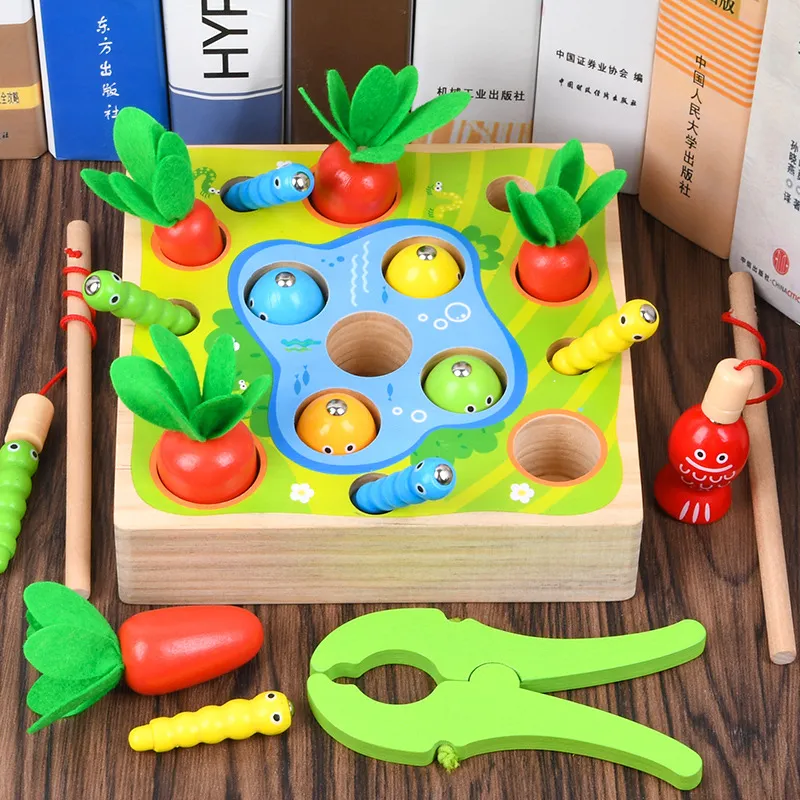 Children′ S Wooden Magnetic Fishing Toys Baby Spelling Early Education Puzzle Catching Insects Catching Insects Pulling Radish