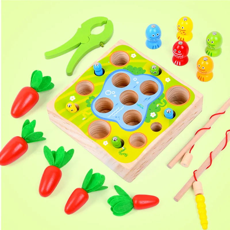 Children′ S Wooden Magnetic Fishing Toys Baby Spelling Early Education Puzzle Catching Insects Catching Insects Pulling Radish