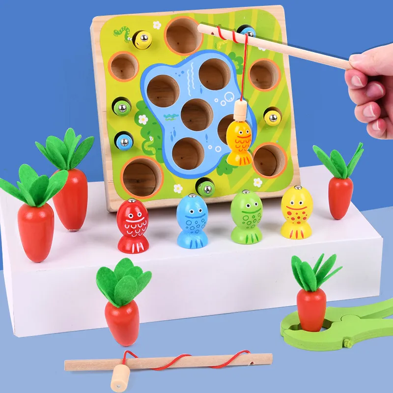 Children′ S Wooden Magnetic Fishing Toys Baby Spelling Early Education Puzzle Catching Insects Catching Insects Pulling Radish