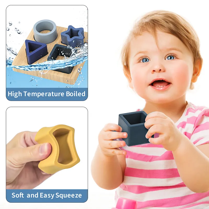 Free Sample Amazon Hot Selling BPA Free Baby Geometry Silicone Stacker Kids Organic Food Grade Silicone Stacking Safe Teething Toys Teether