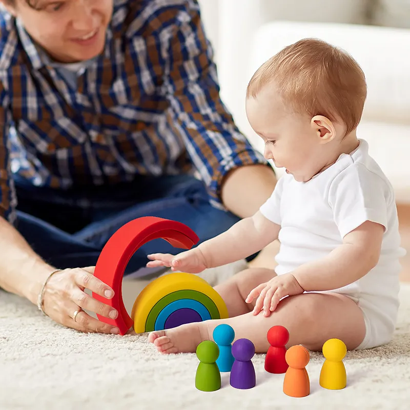 Free Sample New Hot 12PCS Silicone OEM 100% Food Grade New Baby Rainbow Set BPA Free Stacking Teether Toy