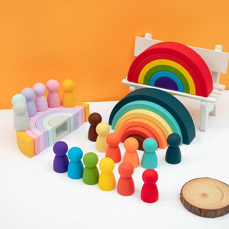 Free Sample New Hot 12PCS Silicone OEM 100% Food Grade New Baby Rainbow Set BPA Free Stacking Teether Toy