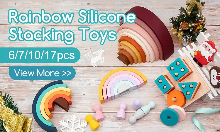 Free Sample New Hot Selling Baby Silicone Food Grade BPA Free Geometry Wooden Stacker Rainbow Teething Teether Toys