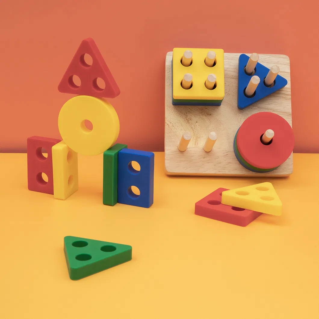 Free Sample New Hot Selling Baby Silicone Food Grade BPA Free Geometry Wooden Stacker Rainbow Teething Teether Toys