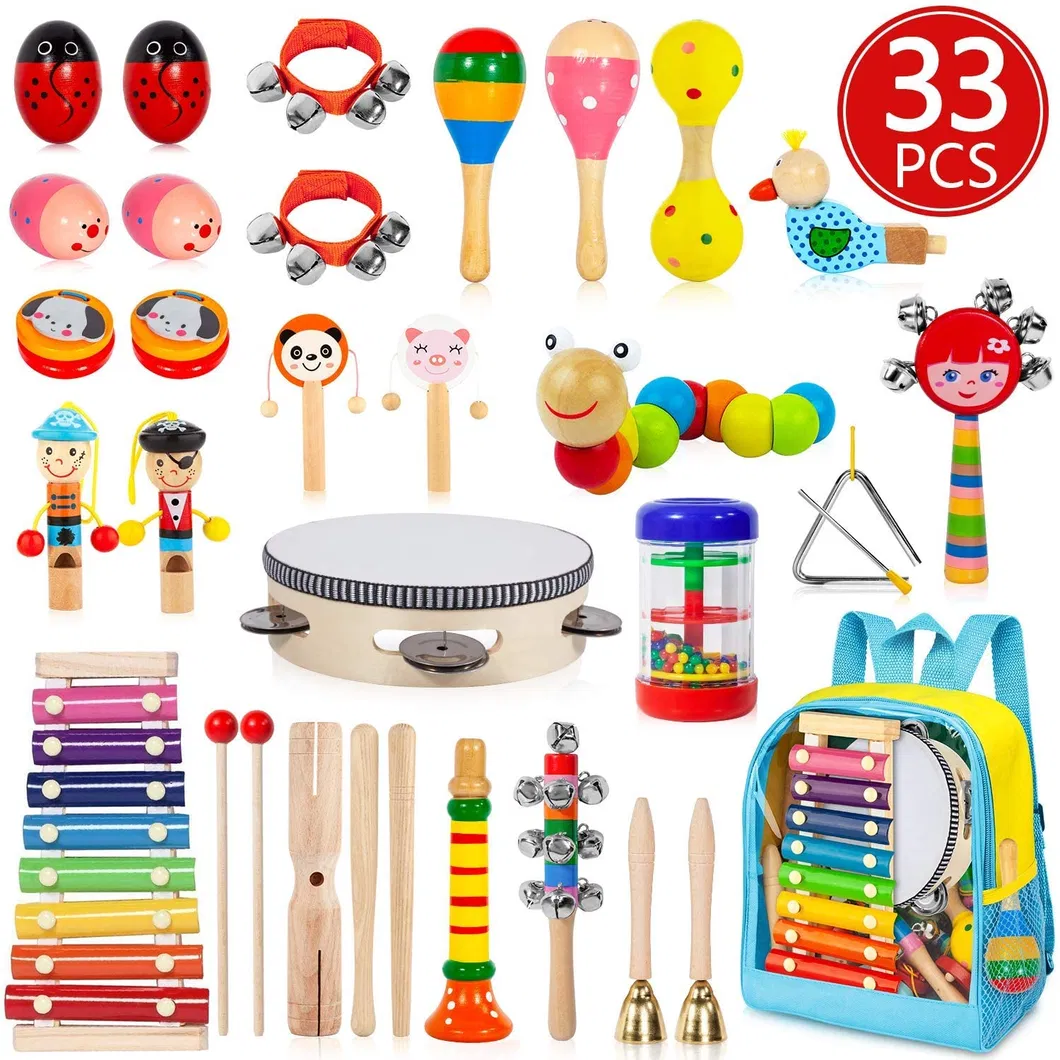 Hot Selling Kids Musical Instruments Toy Set Wooden Instruments Preschool Educational Learning Music Toys with Storage Backpack Bag