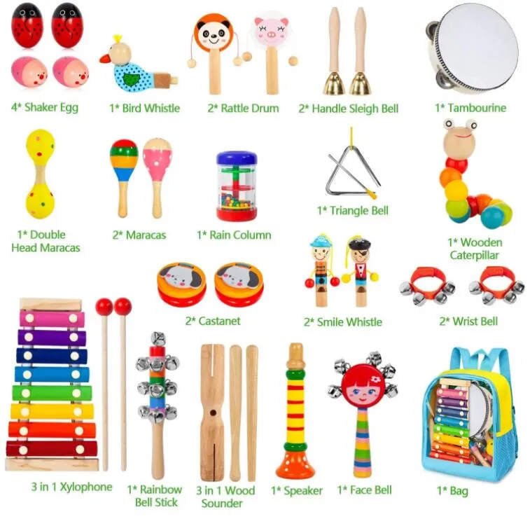 Hot Selling Kids Musical Instruments Toy Set Wooden Instruments Preschool Educational Learning Music Toys with Storage Backpack Bag