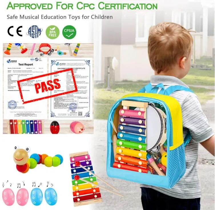 Hot Selling Kids Musical Instruments Toy Set Wooden Instruments Preschool Educational Learning Music Toys with Storage Backpack Bag