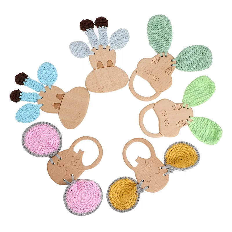 Natural Soft Beech Elephant Toy Teething Crochet Stuffed Ring Baby Wooden Teether