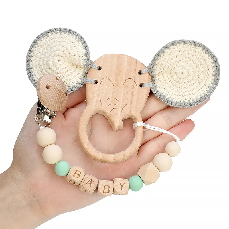 Natural Soft Beech Elephant Toy Teething Crochet Stuffed Ring Baby Wooden Teether