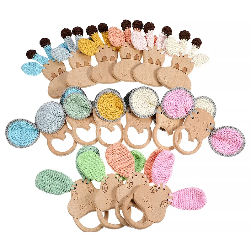 Natural Soft Beech Elephant Toy Teething Crochet Stuffed Ring Baby Wooden Teether