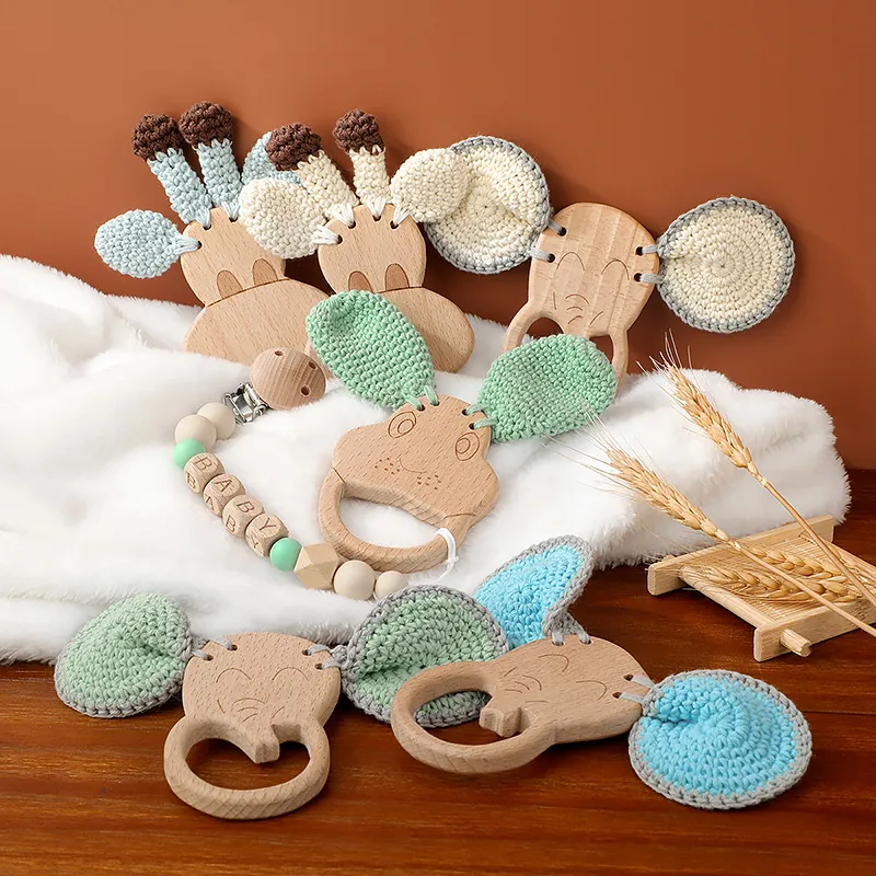 Natural Soft Beech Elephant Toy Teething Crochet Stuffed Ring Baby Wooden Teether
