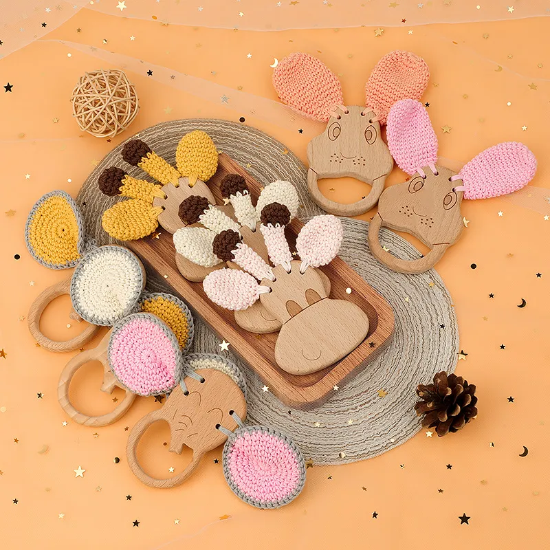 Natural Soft Beech Elephant Toy Teething Crochet Stuffed Ring Baby Wooden Teether