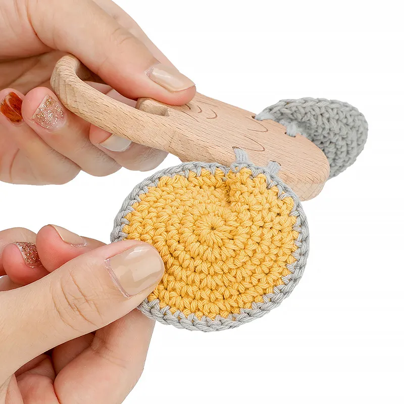Natural Soft Beech Elephant Toy Teething Crochet Stuffed Ring Baby Wooden Teether