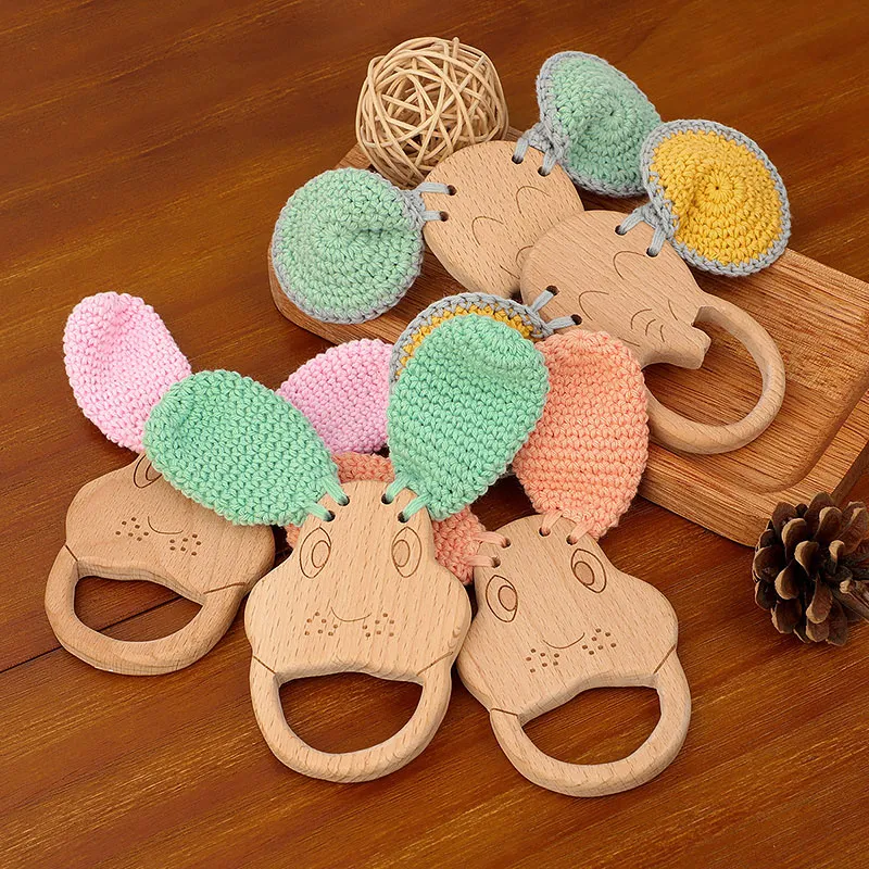 Natural Soft Beech Elephant Toy Teething Crochet Stuffed Ring Baby Wooden Teether