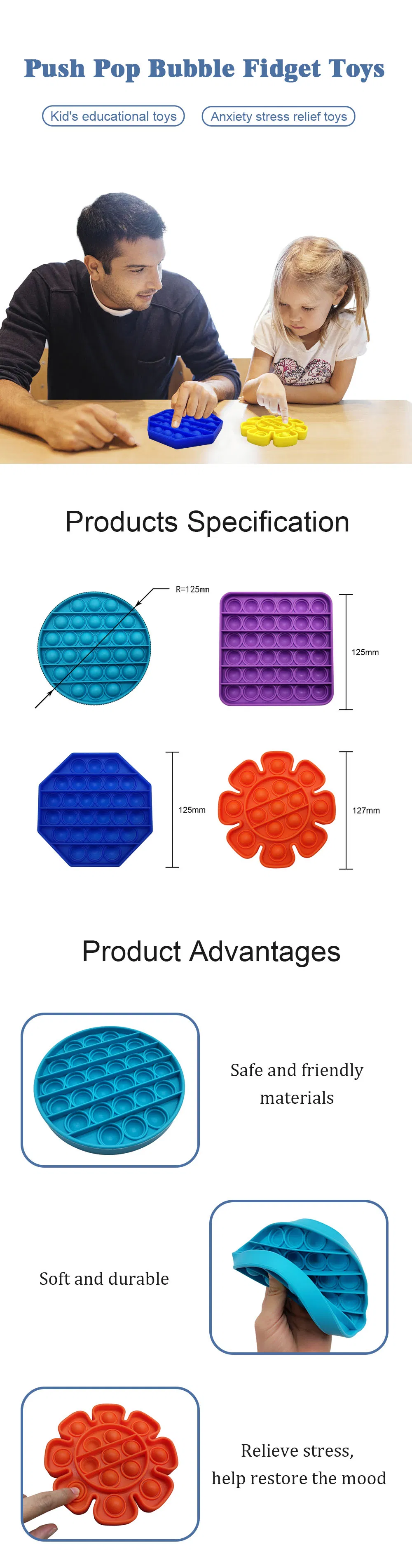 Rainbow Silicone Game Push Bubble Pop Fidget Sensory Toys Anxiety & Stress Reliever Autism Special Needs Learning Materials Gift for Kids Adults