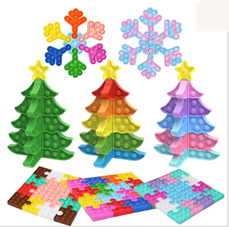 Silicone Puzzle Fidget Sensory Toys Jigsaw DIY Snowflake Square Christmas Tree Children Decompression Toys