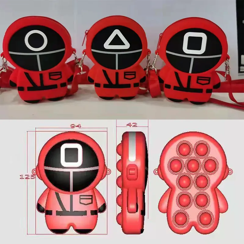 Squid Game Keychain Pop It Bubble Bag Pop It Push Bubble Keychain Fidget Toys Bubble Shoulder Bag for Kids Dancing Cactus