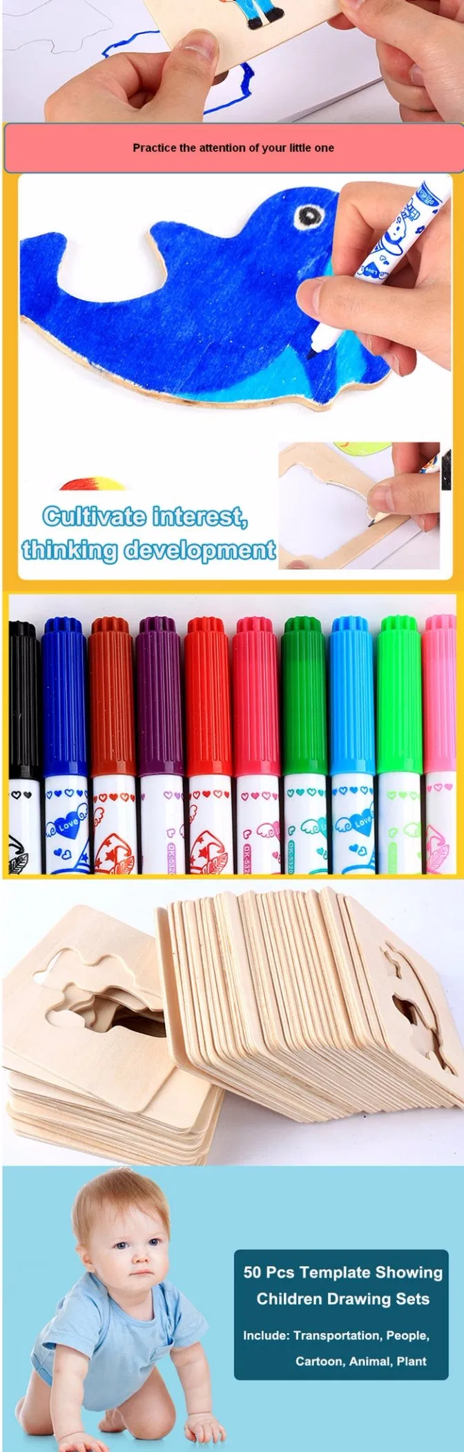 Wooden Baby Drawing Cartoon Template Children Learning Educational Puzzle Toys for Kids