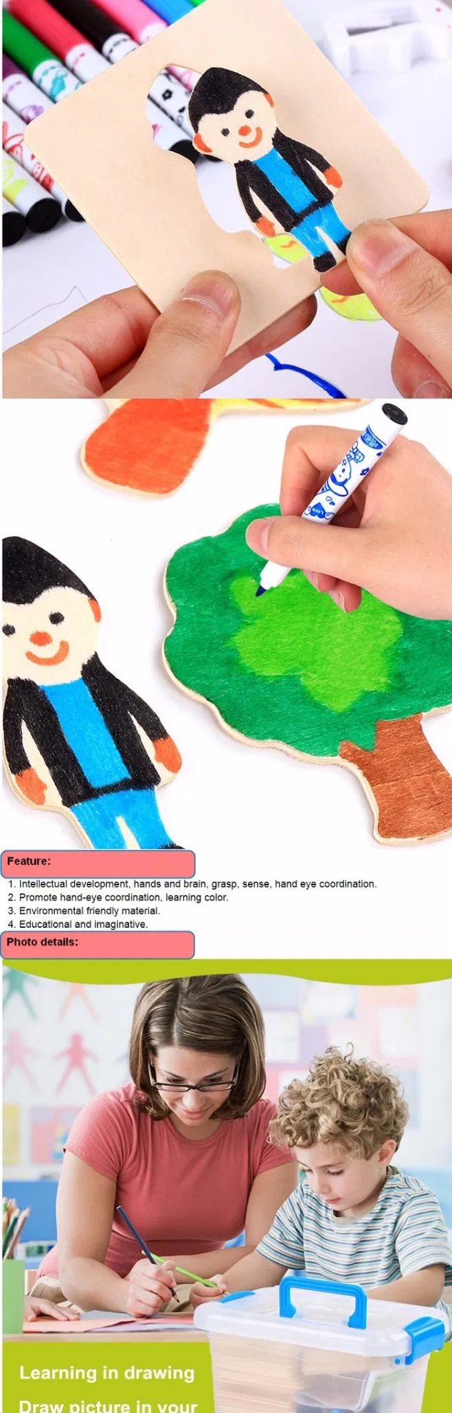 Wooden Baby Drawing Cartoon Template Children Learning Educational Puzzle Toys for Kids