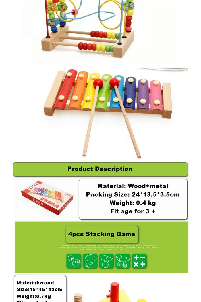 Wooden Beads Maze Abacus Geometric Stacking Blocks Xylophone Set Toy for Kids 1 Year Older Educational Shape Color Sorter Wooden Toy for Baby Boys Girls