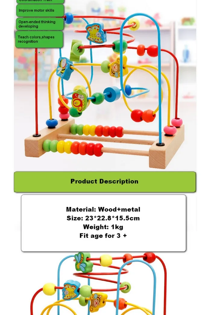 Wooden Beads Maze Abacus Geometric Stacking Blocks Xylophone Set Toy for Kids 1 Year Older Educational Shape Color Sorter Wooden Toy for Baby Boys Girls