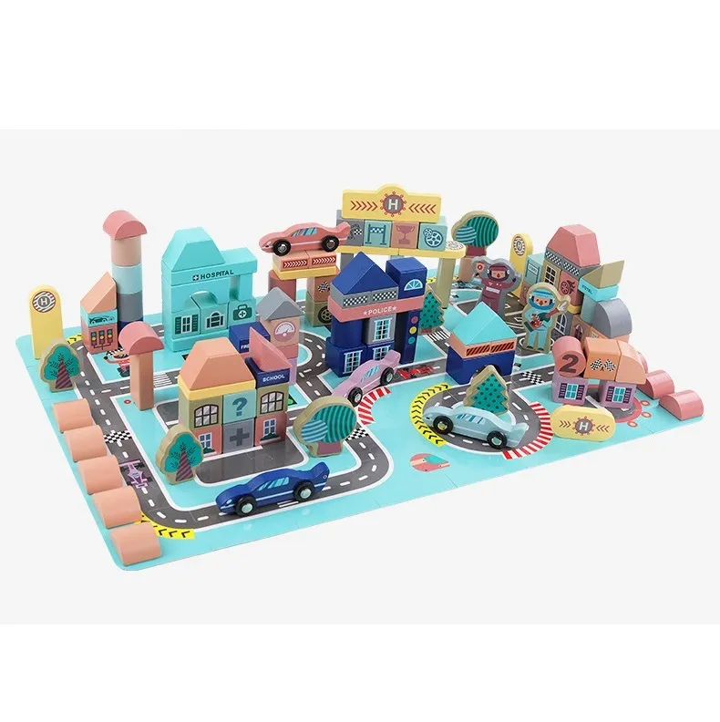 Wooden Building Blocks Set City Construction and Shape Stacking Preschool Education Learning Toy Color Sorting for Child