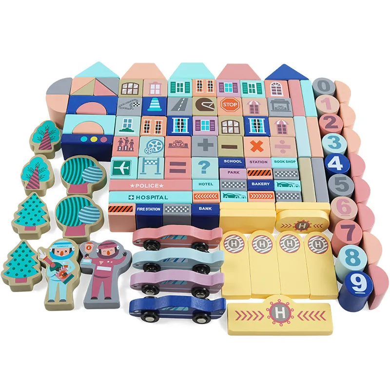 Wooden Building Blocks Set City Construction and Shape Stacking Preschool Education Learning Toy Color Sorting for Child