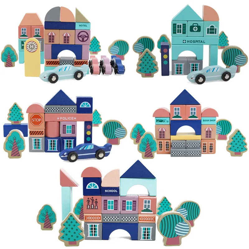Wooden Building Blocks Set City Construction and Shape Stacking Preschool Education Learning Toy Color Sorting for Child