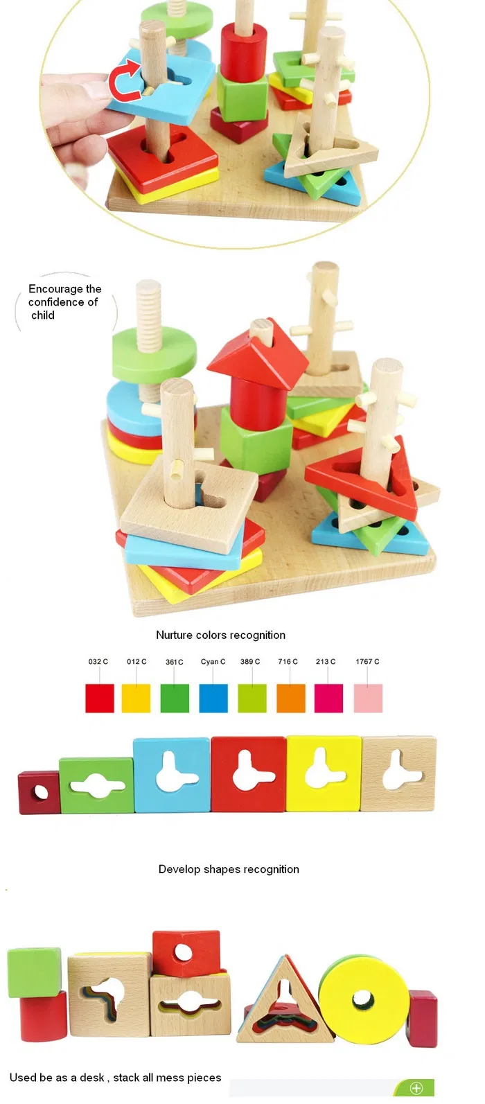 Wooden Geometric Stacking Blocks Toy for Kids 1 Year up Educational Color Shape Sorter Montessori Learning Toy for Baby Boys Girls with Storage Board Child Safe