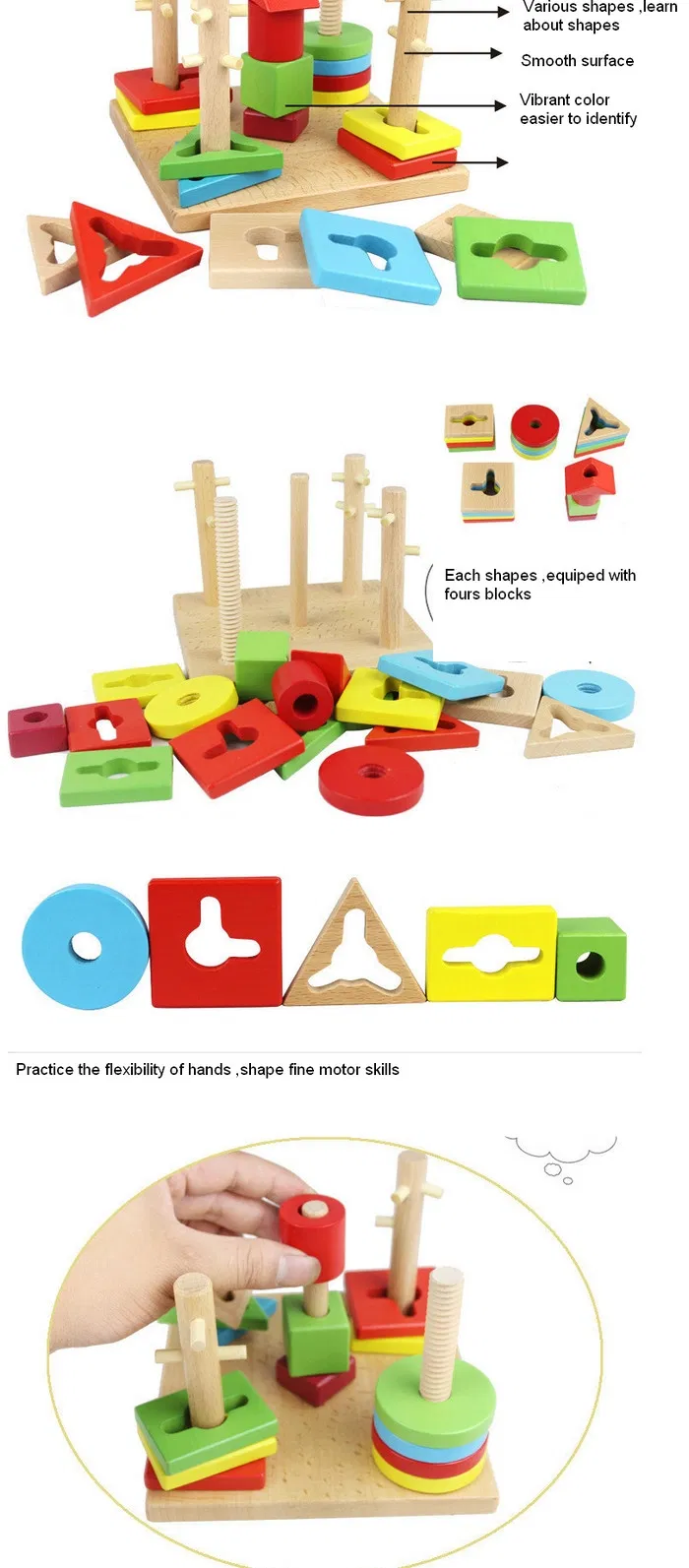 Wooden Geometric Stacking Blocks Toy for Kids 1 Year up Educational Color Shape Sorter Montessori Learning Toy for Baby Boys Girls with Storage Board Child Safe