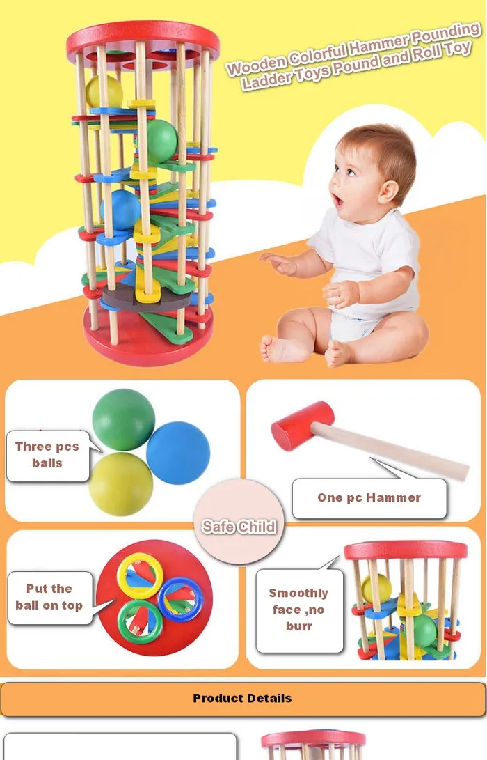 Wooden Hammer Knock Ball Rolling Ladder Children Educational Toys